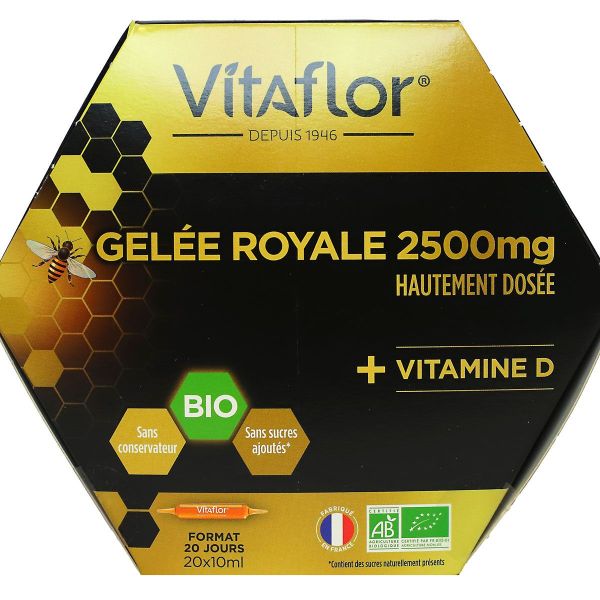 Gelée Royale bio hautement dosée 2500mg Vitamine D 20 ampoules x 10ml