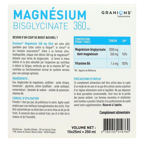 Magnesium Bisglycinate 360mg framboise 10 Shots